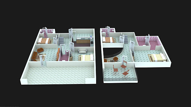 Interior plan34 for home ground floor and first floor- 3D 3D interior design for home (ground floor and first floor), with beautiful furnitures and flooring with black in background. the clinton foundation stock pictures, royalty-free photos & images