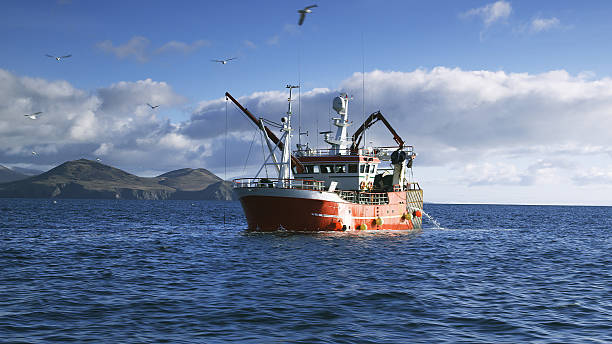 Fishing Boat on Atlantic Ocean at Dingle Peninsula in Ireland Fishing boat on open waters near Dingle Peninsula coast. fishing industry stock pictures, royalty-free photos & images