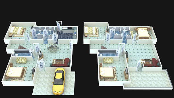 Interior plan45 for home ground floor and first floor- 3D 3D interior design for home (ground floor and first floor), with beautiful furnitures and flooring with black in background. the clinton foundation stock pictures, royalty-free photos & images