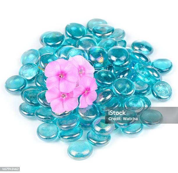 Pink Phlox Flowers With Blue Glass Stones Isolated On White Stock Photo - Download Image Now