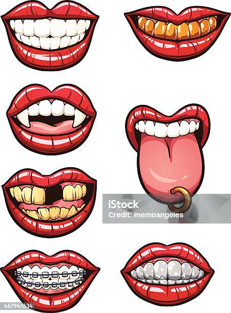 7 Different Cartoon Mouths With Lips And Teeth Stock Illustration - Download Image Now - Human Lips, Smiling, Cartoon