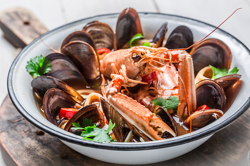 Spicy seafood soup with shrimps and mussels.