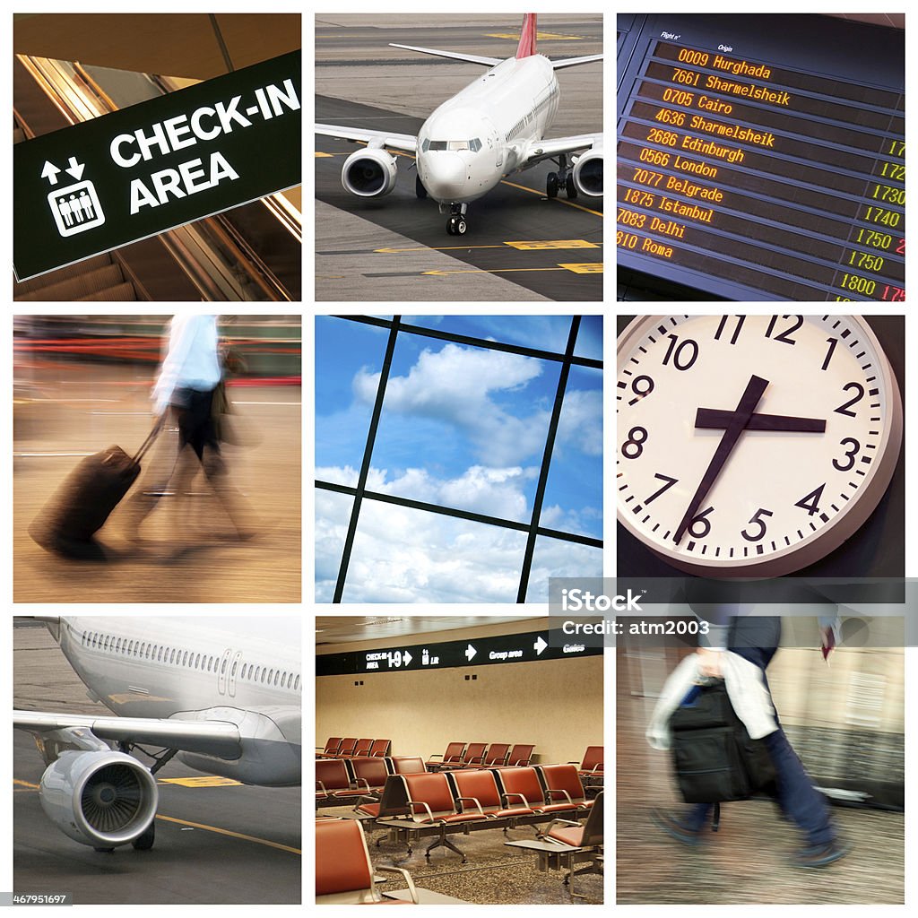 Business travel A collage of photos about business travel in airplane Collection Stock Photo