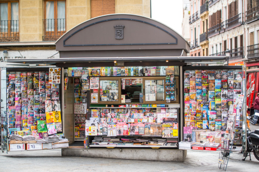 Madrid, Spain - December 27, 2013: Newsstand on  Madrid street, Spain.