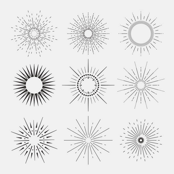 9 아르데코 스타일의 빈티지 sunbursts 컬레션 기하학적 형태를 - star explosion stock illustrations