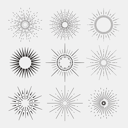 9 Art deco vintage sunbursts collection with geometric shape, light ray. Set of vintage sunbursts in different shapes. Vector