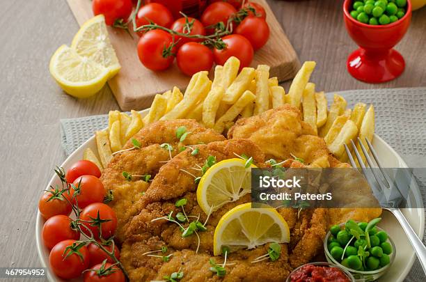 Schnitzel French Fries And Microgreens Salad Stock Photo - Download Image Now - 2015, Backgrounds, Beef