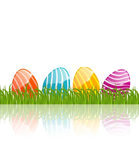 Vector illustration of Easter traditional painted eggs in green grass with empty space