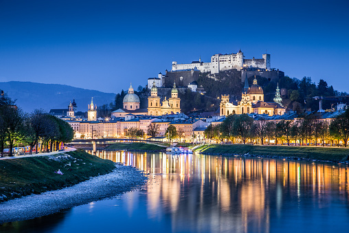 Historic town of Salzburg at dusk, Salzburger Land, Austria