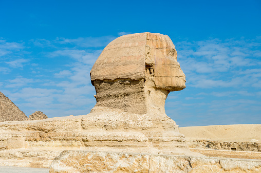 Great Sphinx of Giza, a limestone statue of a mythical creature with a lion's body and a human head), Giza Plateau, West Bank of the Nile, Giza, Egypt