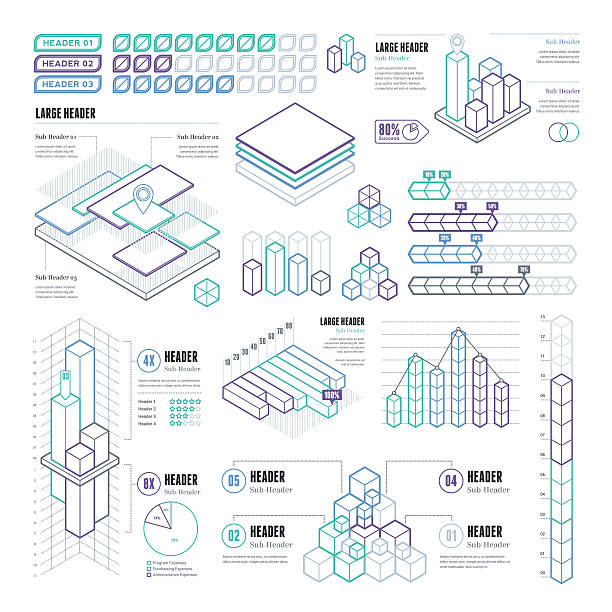 Line UI Infographic Elements - Rectangular and Cubes A set of line design-styled, rectangular infographic elements. EPS 10 file, with transparencies, layered & grouped, purple bar graph stock illustrations