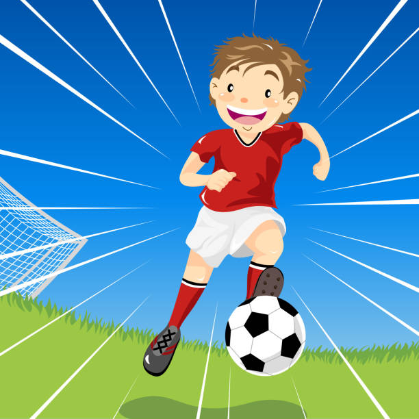 подростковой мальчик футбольный дриблинга на поле - soccer ball running sports uniform red stock illustrations