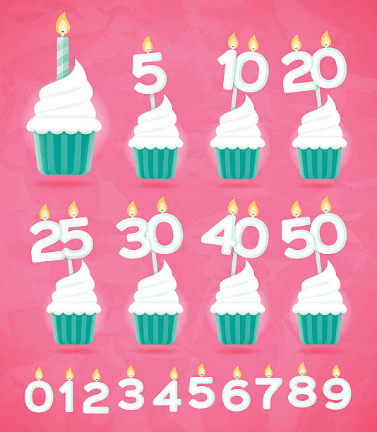 Anniversary Birthday or Celebration Cupcakes Anniversary, celebration or birthday cupcakes with year shaped candles on top. Candles to celebrate 5 years, 10 years, 20 years, 25 years, 30 years, 40 years and 50 years. EPS 10 file. Transparency effects used on highlight elements. turquois stock illustrations