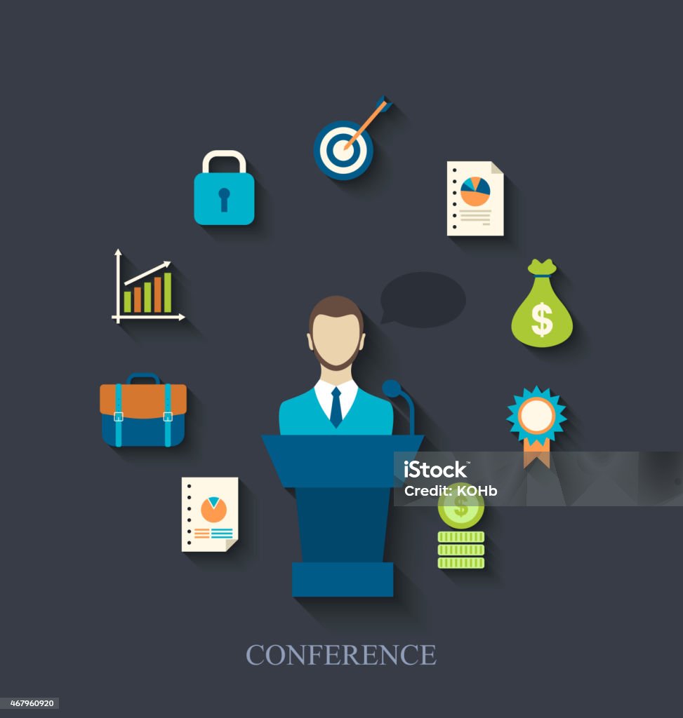 Orator Speaking from Tribune and Flat Icons of Business Illustration orator speaking from tribune and flat icons of business conference - vector Canal Lock stock vector