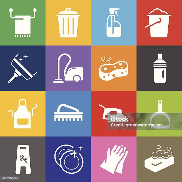 Cleaning Icons And Color Background Stock Illustration - Download Image Now - Apron, Bar Of Soap, Bath Sponge