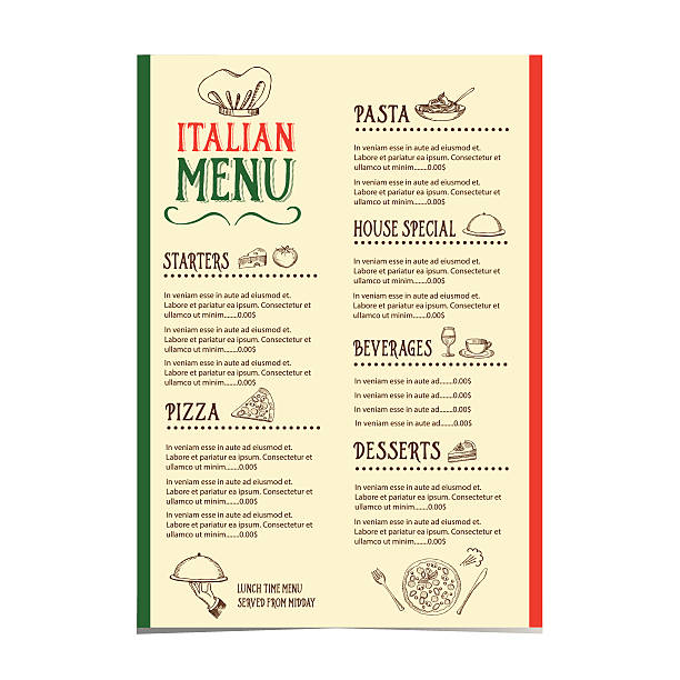 Italian restaurant menu with a variety of choices vector art illustration