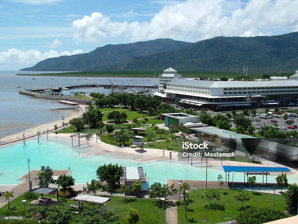 Cairns Lagoon and Pier Elevated view of the Cairns swimming lagoon, pier marketplace and Trinity Inlet Cairns - Australia Stock Photo