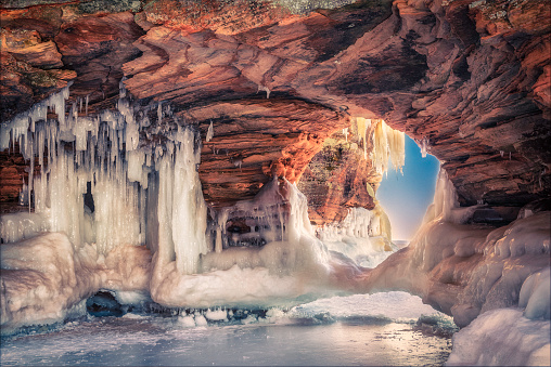 A beautiful natural arch on Lake Superior covered in ice