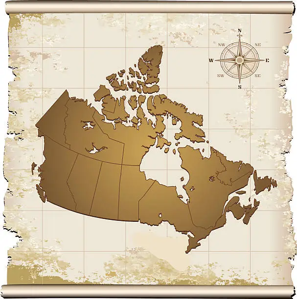 Vector illustration of Canada map with compass rose on brown background