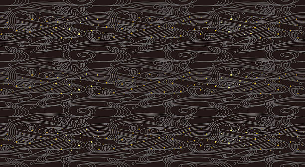 ilustraciones, imágenes clip art, dibujos animados e iconos de stock de papel tapiz de onda. patrón sin costuras. - silk black backgrounds pattern