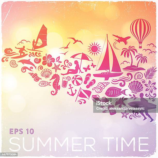 Summer Icons Over Defocused Sunset Background Stock Illustration - Download Image Now - Summer, Flip-Flop, Icon Symbol