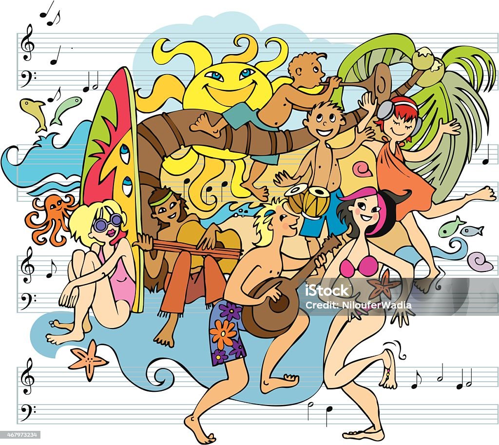 Música y danza Fiesta en la playa Garabato - arte vectorial de Playa libre de derechos