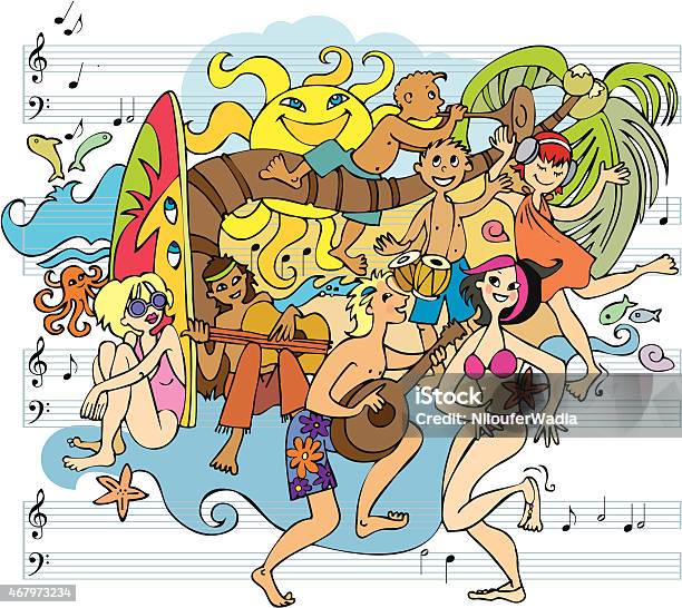 Ilustración de Música Y Danza Fiesta En La Playa Garabato y más Vectores Libres de Derechos de Playa - Playa, Hombres, Mujeres