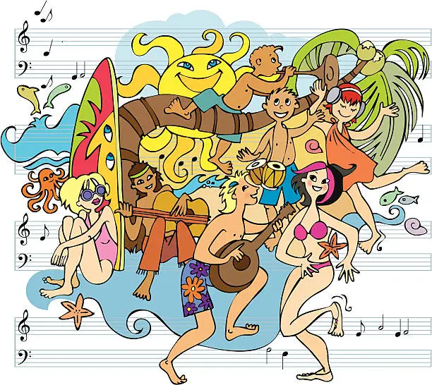 Vector illustration of Music and Dance Party on the Beach Doodle