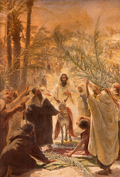 Jerusalem - paint of Palm Sunday Jerusalem - The paint of entry of Jesus in Jerusalem (Palm Sanday). Paint in Evangelical Lutheran Church of Ascension by Felix Tafsart (1896). burro stock illustrations