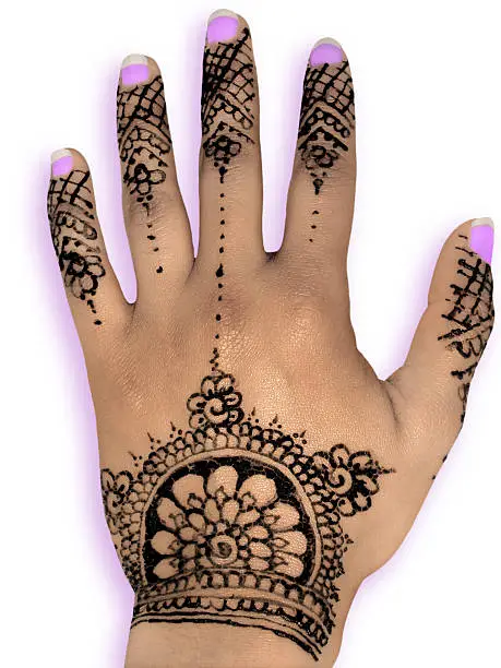 Photo of Henna hena mehendi design isolated purple nails and shadow