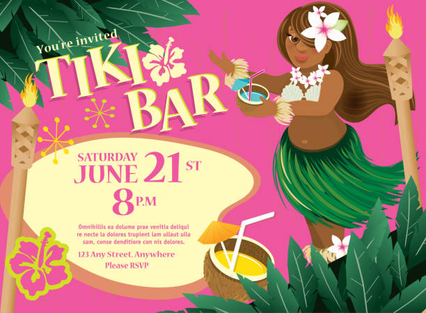 Retro Summer Tiki Bar Hawaiian party invitation design Hula Dancer Retro revival Summer Tiki Bar party celebration invitation poster advertisement design template. Cute and bright design which includes sample text design,palm trees, tiki statue, hibiscus flower and coconut drink and cute Hawaiian Girl. Pink and soft green color scheme. Easy to edit with layers. Vector illustration. Lot's of texture and vintage Hawaiian style. hula dancer stock illustrations