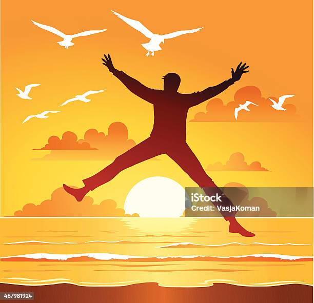 Ilustración de Celebran El Hombre De Salto Acceso Al Atardecer Playa Con Gaviotas y más Vectores Libres de Derechos de 2015