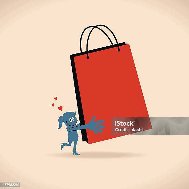 Ilustración de Mujer Sonriente De Compras Sobre Una Pierna Con Bolsa De La Compra y más Vectores Libres de Derechos de Bolsa de la compra