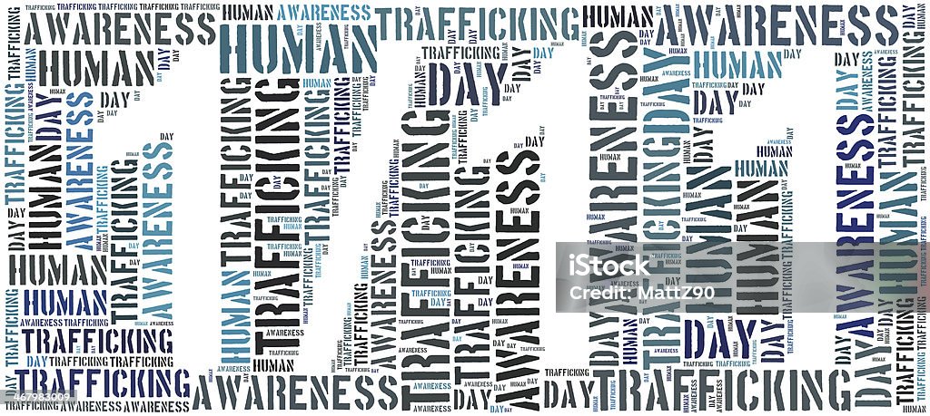 Etiqueta ou Nuvem de palavras relacionada com a conscientização sobre o tráfico de pessoas dia - Foto de stock de Tráfico humano royalty-free