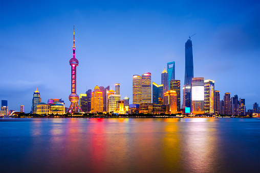 Shanghai, China city skyline on the Huangpu River.