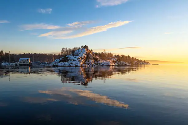 Sunset and small island in December, Oslo Fjord Norway