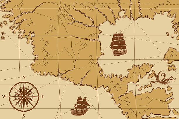 ilustraciones, imágenes clip art, dibujos animados e iconos de stock de antiguo mapa con brújula y barcos - nautical vessel compass map retro revival