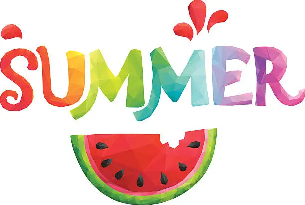 Vector illustration of Summer triangle lettering and watermelon in low poly style.