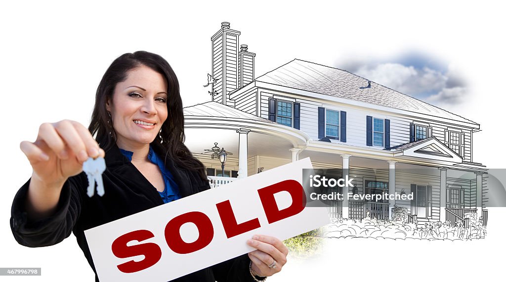 Woman, Keys, Sold Sign, House Drawing and Photo on White Hispanic Woman Holding Keys and Sold Sign Over House Drawing and Photo Combination on White. 2015 Stock Photo
