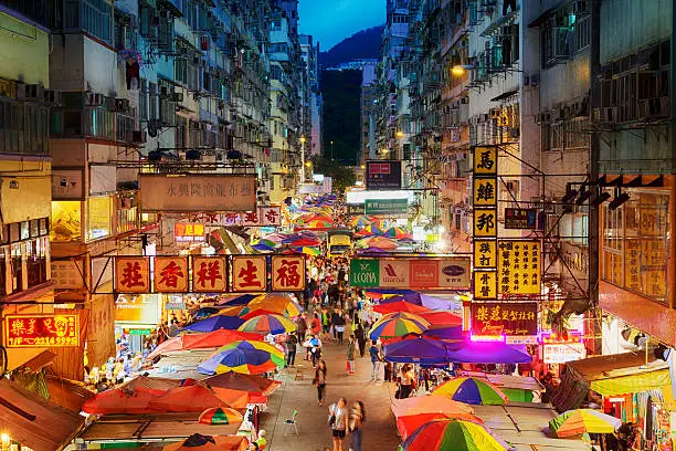 Busy street market at Fa Yuen Street at Mong Kok area of Kowloon, Hong Kong.