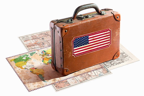 istock Antique leather suitcase with american flag 467997521