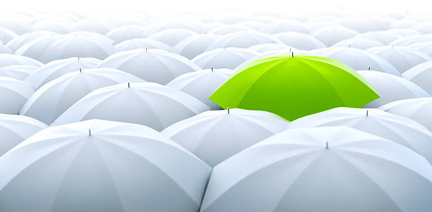 Green umbrella. Different, leader, unique, boss, individuality, original, special concept Improved, better and bigger size image of different, leader, best, unique, boss, individuality, original, special, worst, first, chief, champion and discrimination concept. Green umbrella in a row of white ones parasol photos stock pictures, royalty-free photos & images