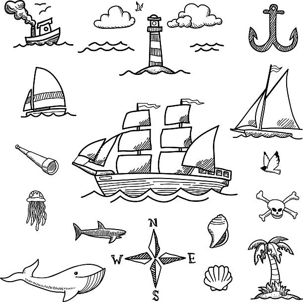 Boat and Sea Doodles A set of hand-drawn doodles of sailboats and ocean related objects. lighthouse drawings stock illustrations