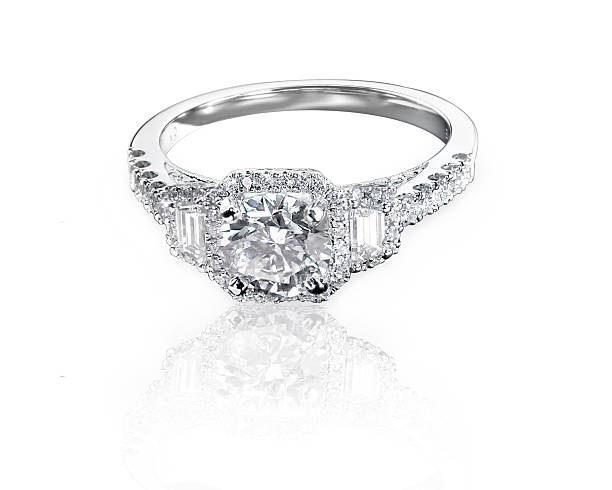 istock Princess cut three stone diamond engagment halo seting ring. 468017303