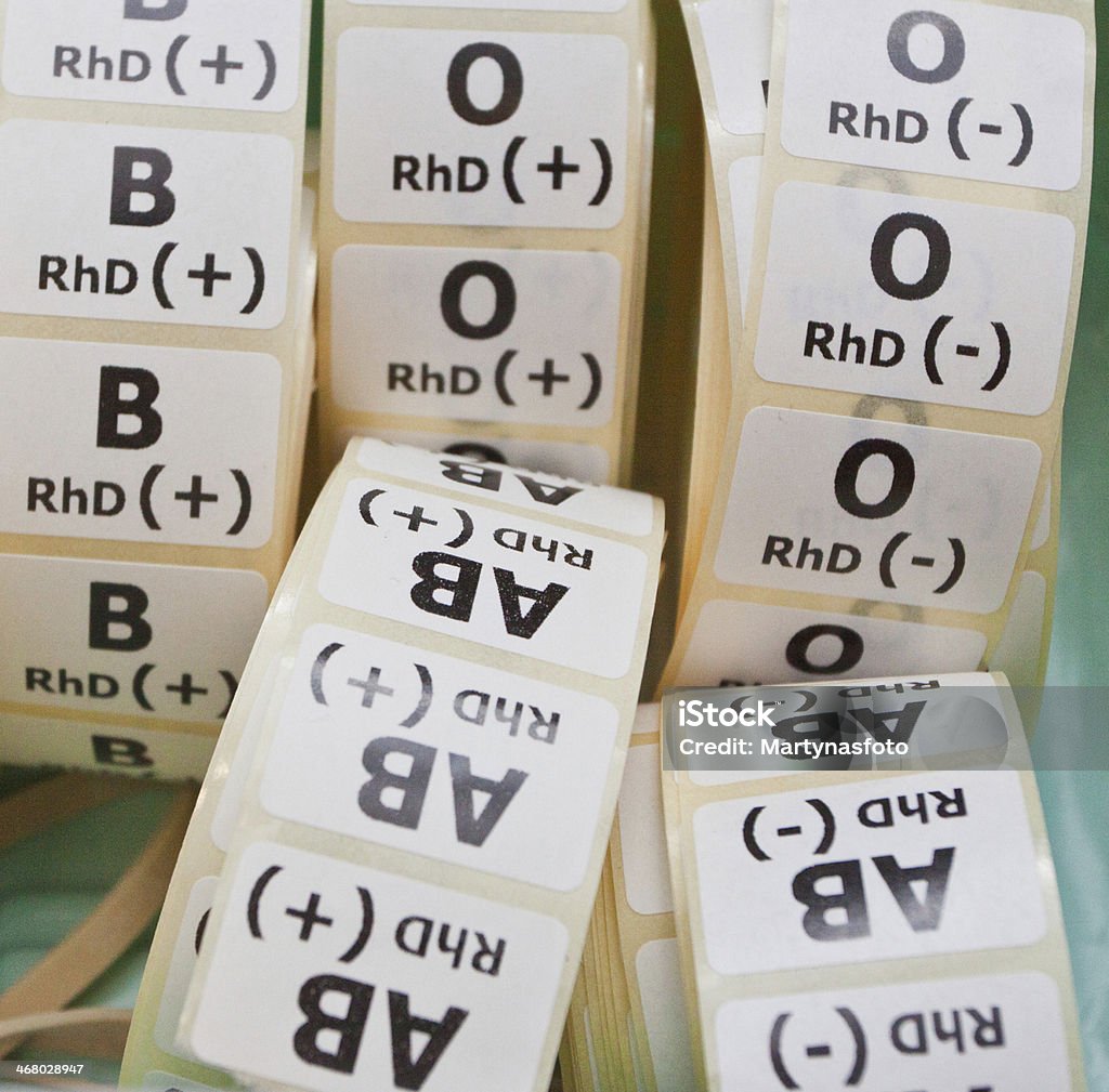 Blood type lables Stickers in the lab with various blood types Blood Group Stock Photo