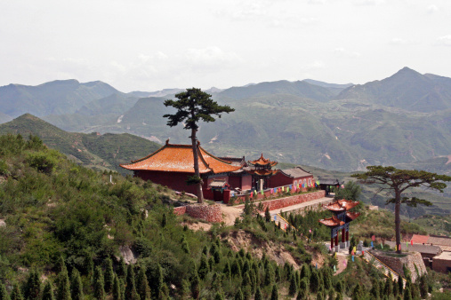 Buddhist temple overlooking mountains in North China, near Datong, Shanxi Province.