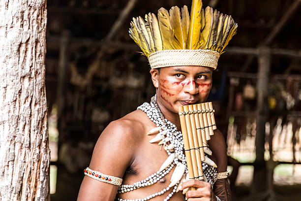 Amazon, Brazil - March 23, 2014: Brazilian Indian shows his ritual in Amazon, Brazil