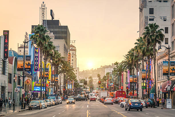 Walk of fame - Hollywood Boulevard in Los Angeles Los Angeles, United States - December 18, 2013: View of Hollywood Boulevard at sunset. In 1958, the Walk of Fame was created on this street as a tribute to artists working in the entertainment industry. los angeles county stock pictures, royalty-free photos & images
