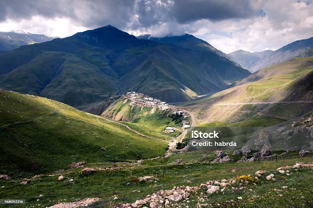 Xinaliq, a village in Azerbaijan, surrounded by mountains village Xinaliq at Azerbaijan  view from oposite hill mountines Asia Caucasus Caucasus Mountains Stock Photo