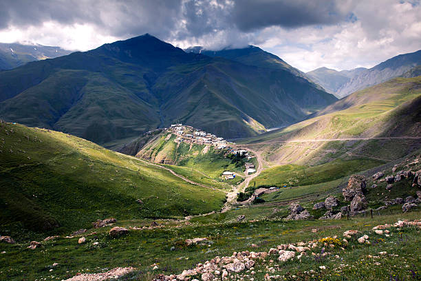 Xinaliq, a village in Azerbaijan, surrounded by mountains village Xinaliq at Azerbaijan  view from oposite hill mountines Asia Caucasus azerbaijan stock pictures, royalty-free photos & images